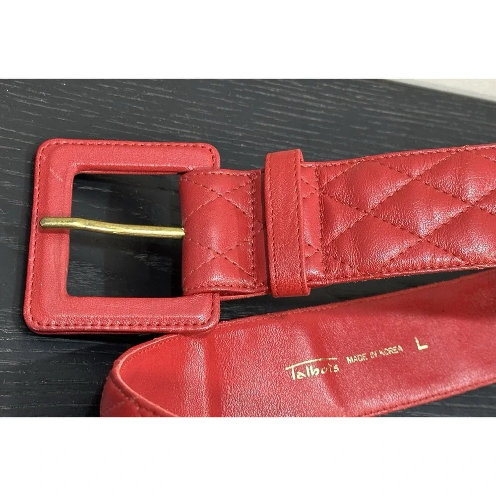 Vintage Talbots Red Quilted Leather Wide Statement Belt Size Large 80s 90s Retro